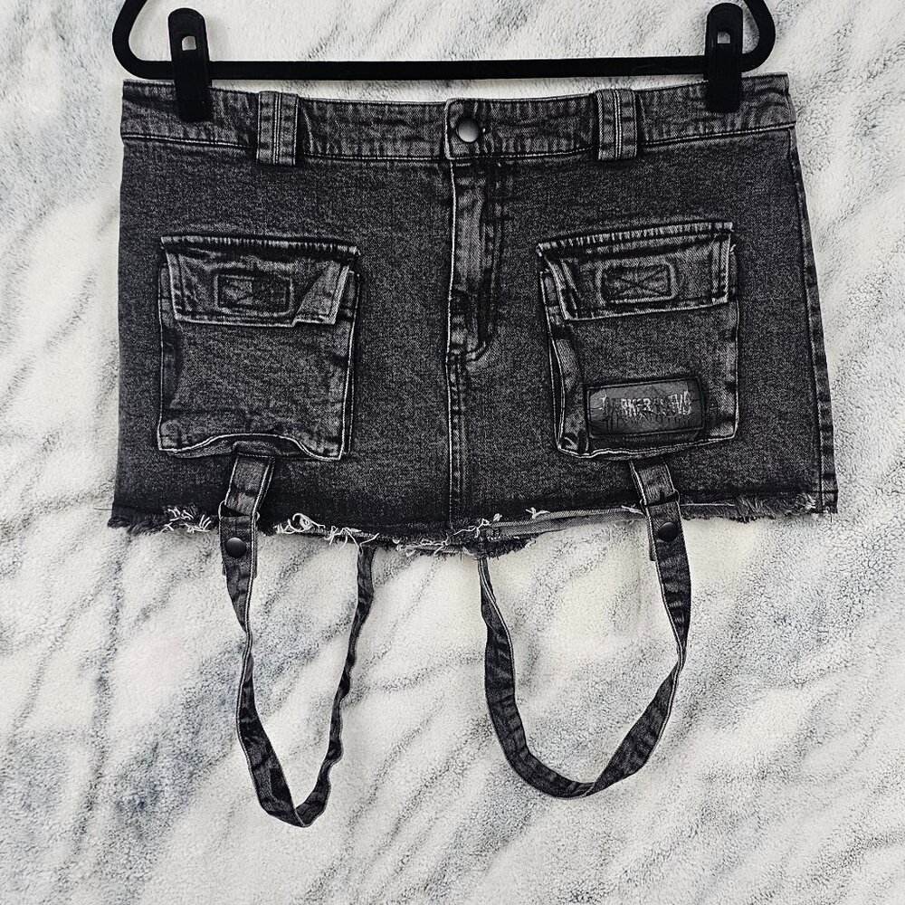 Dolls Kill Darker Wavs XXL Washed Black Gray Cargo Mini Skirt Straps Distressed